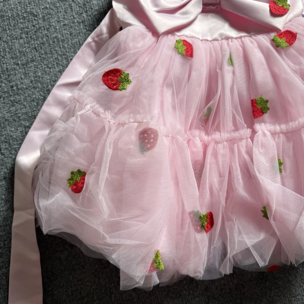 Infant Baby Girl Strawberry Tulle Tutu Dress Pink Satin Bow Birthday Pageant
